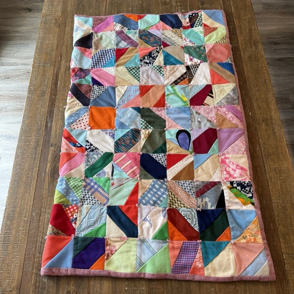 Vintage 70s Crazy Groovy Quilt Handmade Colorful Patchwork Blanket 45x55 READ